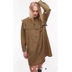 Topshop brown Check plaid jumper dress Size 14 Prairie Cabin Ruffle Button Front
